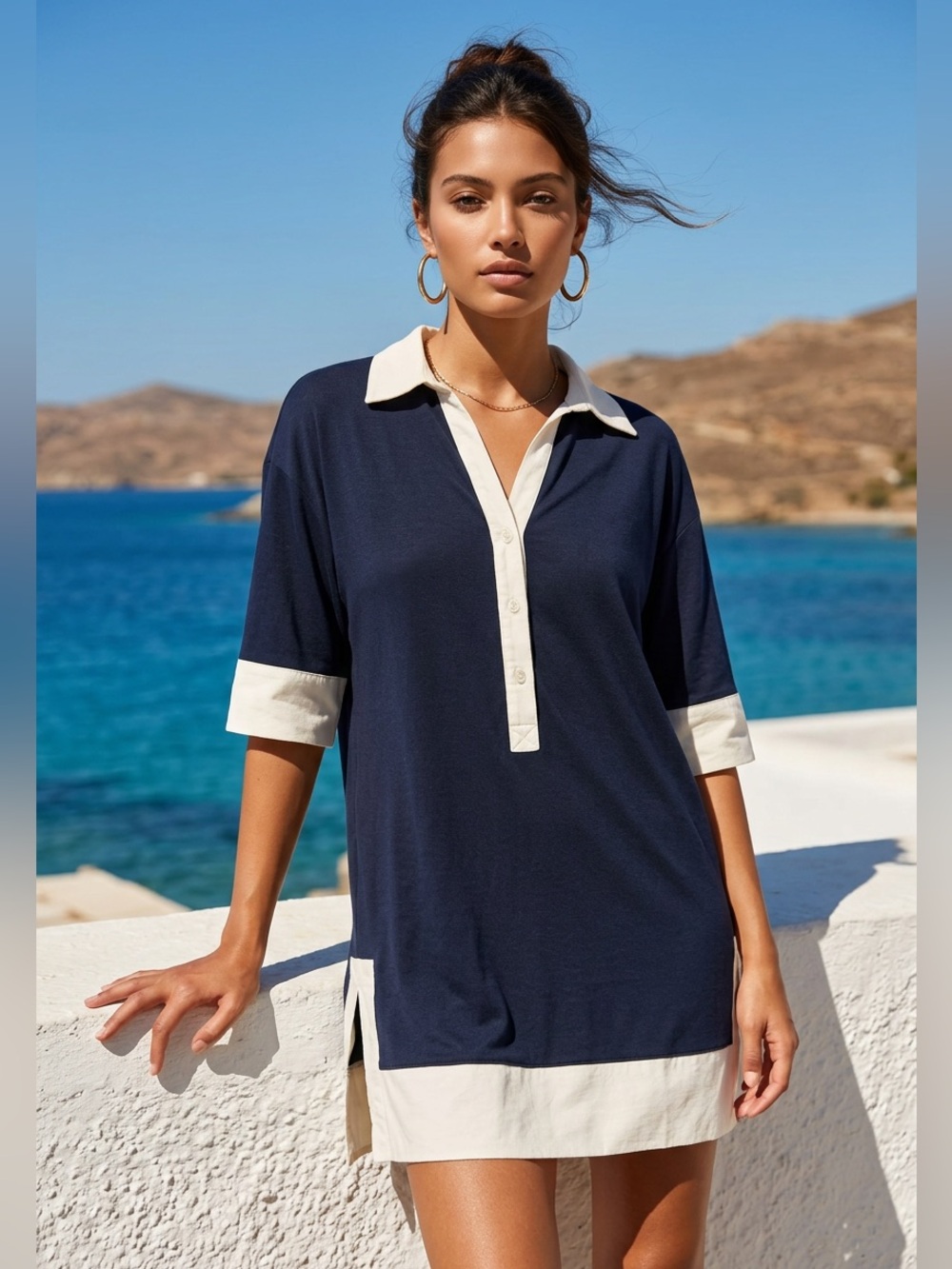 Navy White Linen Blend 3/4 Sleeve Shirt Dress Size S